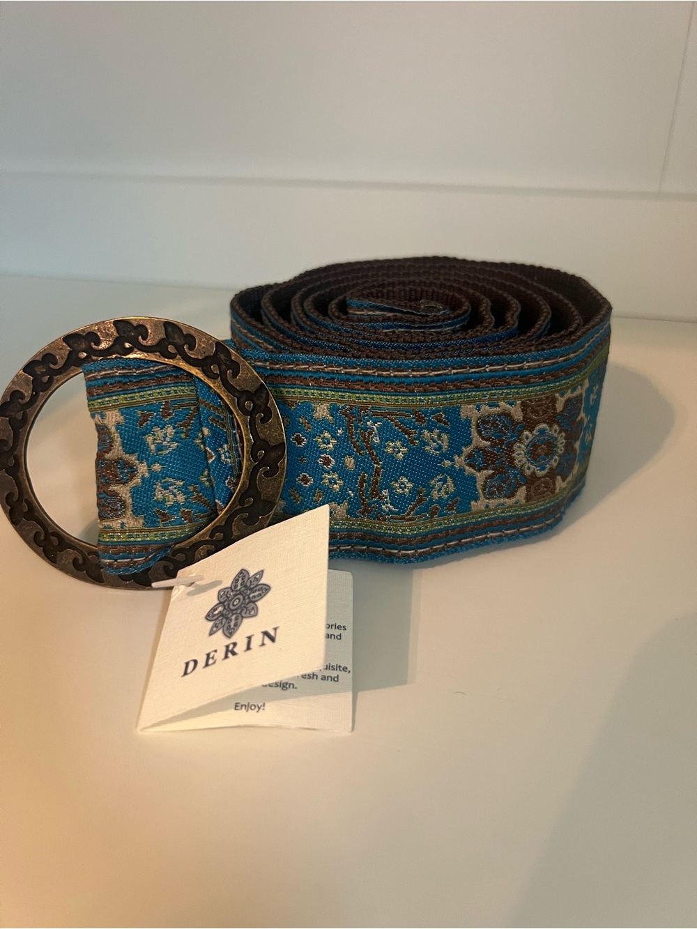 Blue Floral Woven Belt with Antique Gold Ring